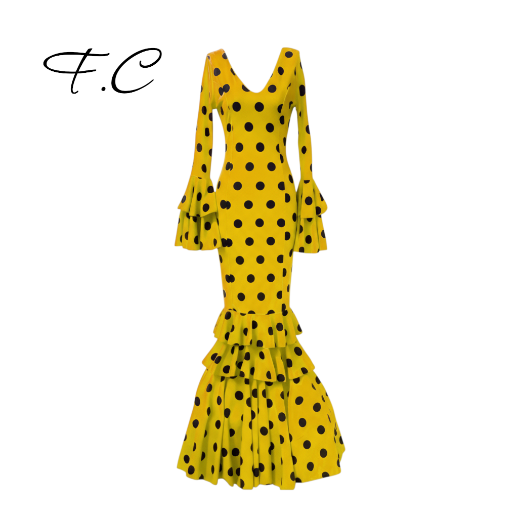 Vestido flamenco mostaza lunar negro