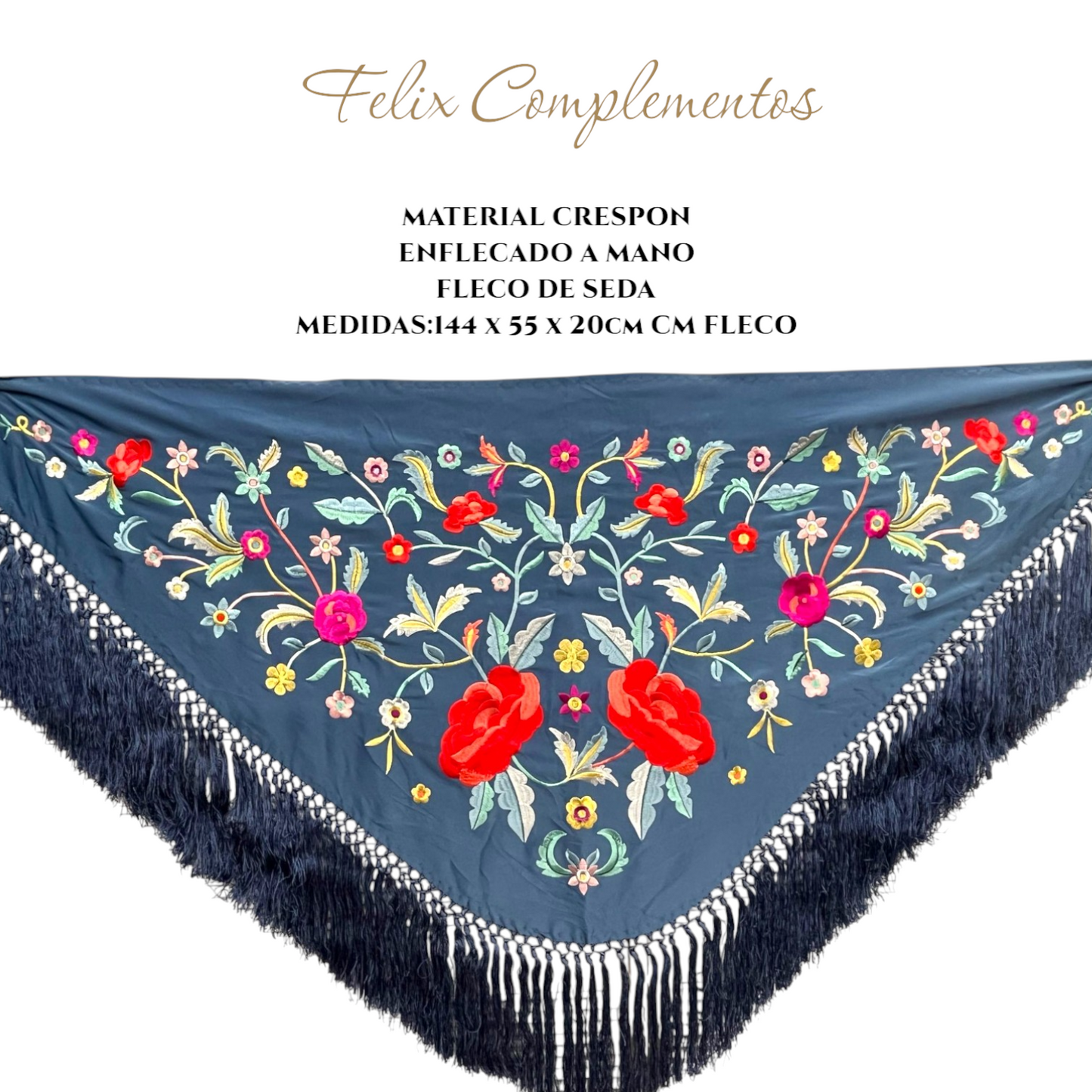 Manton azul vaquero con flores rojas