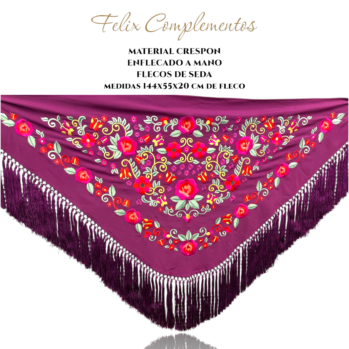 Manton color vino tinto con flores de colores crespon