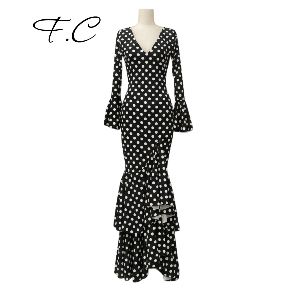 Vestido flamenco negro lunar blanco