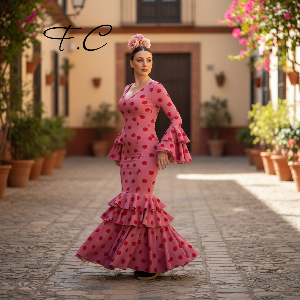 Vestido flamenco rosa lunar rojo