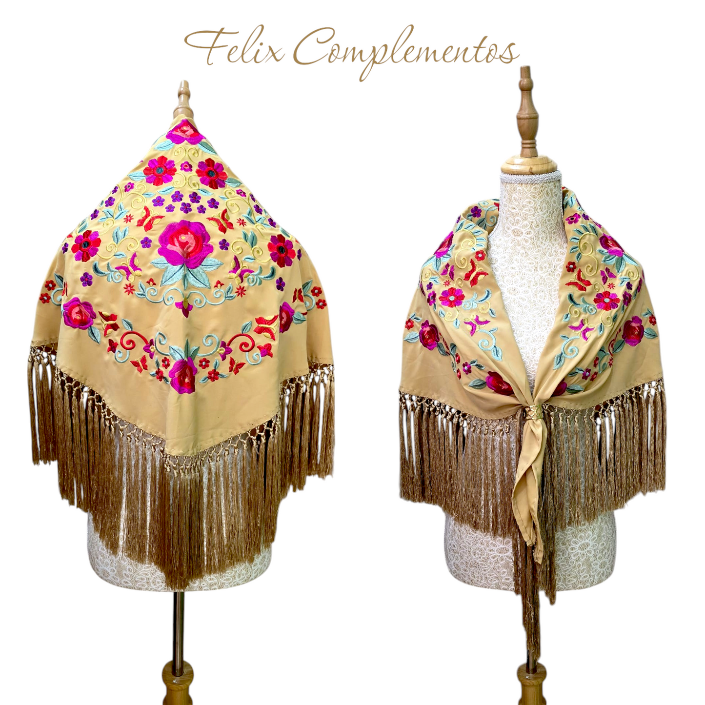 Manton color champan con flores de colores crespon