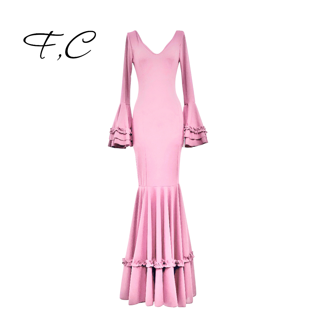Vestido flamenca liso con pequeños volantitos (con tallas)