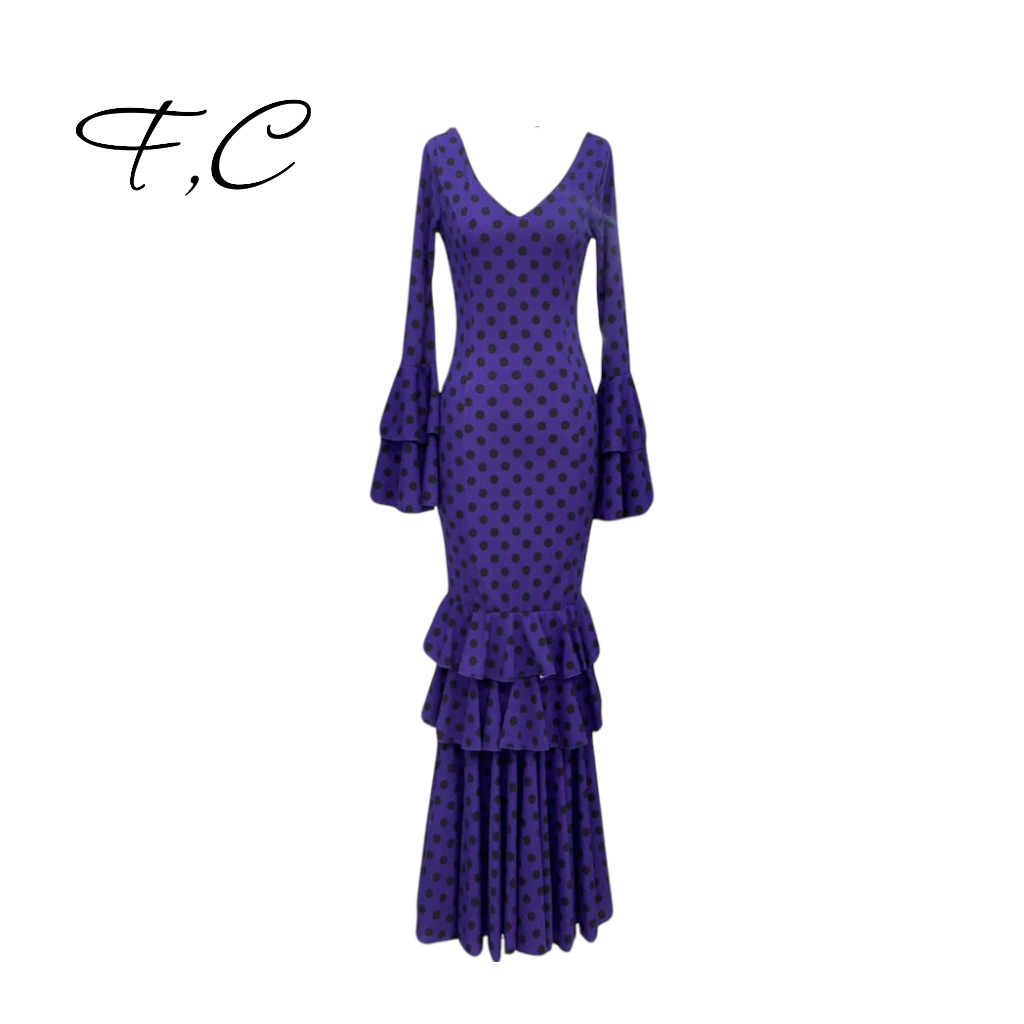 Vestido flamenca morado lunares pequeños (con tallas)