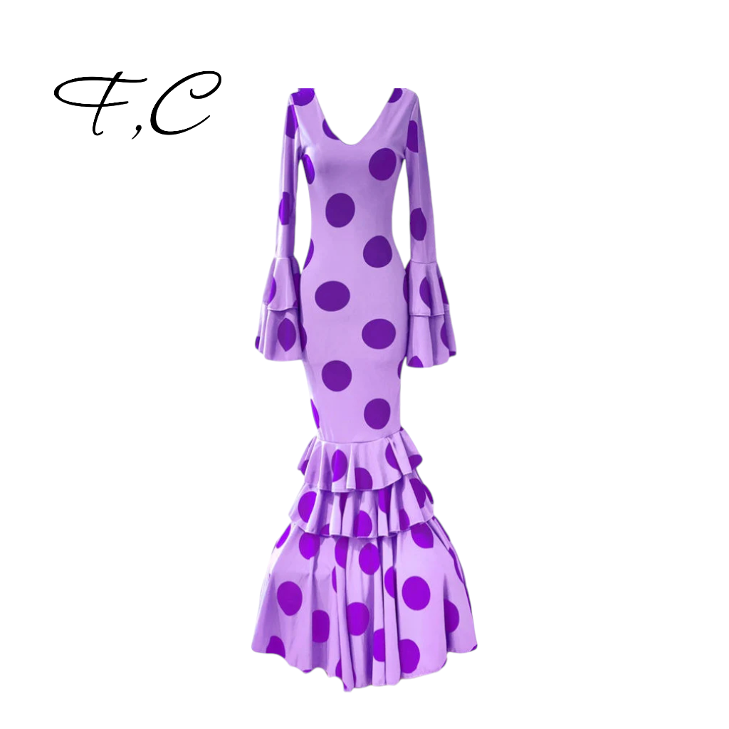 Vestido flamenca lila lunares grandes (con tallas)