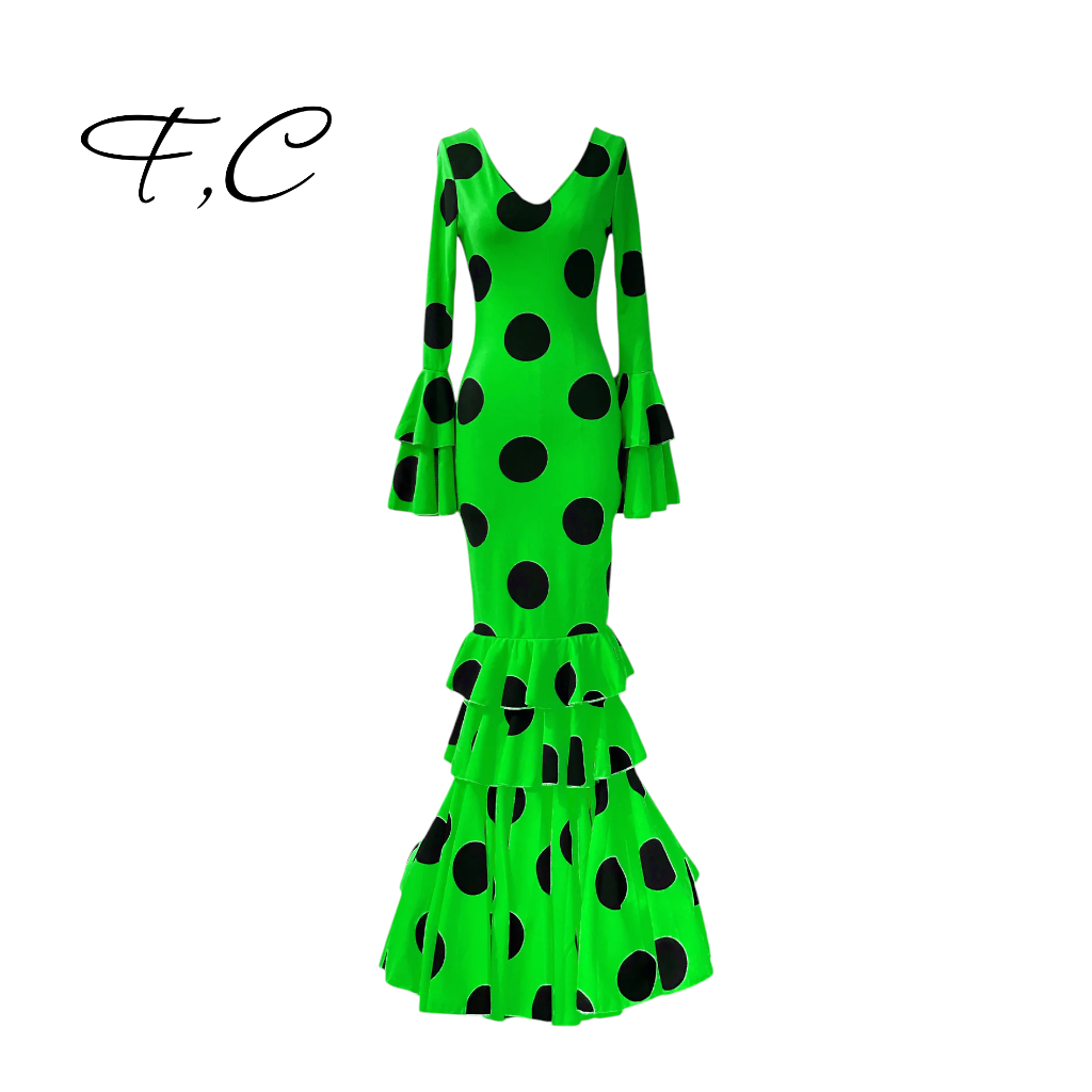 Vestido flamenca verde lunares grandes (con tallas)