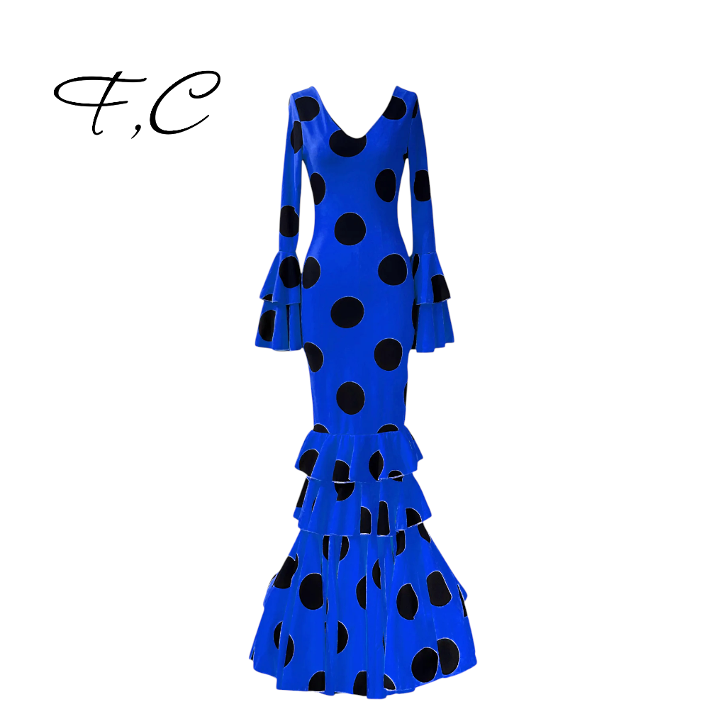 Vestido flamenca azul lunares grandes (con tallas)