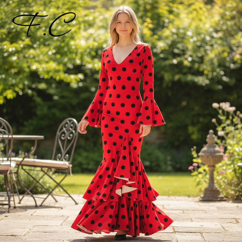 Vestido flamenca rojo lunares medianos (con tallas)