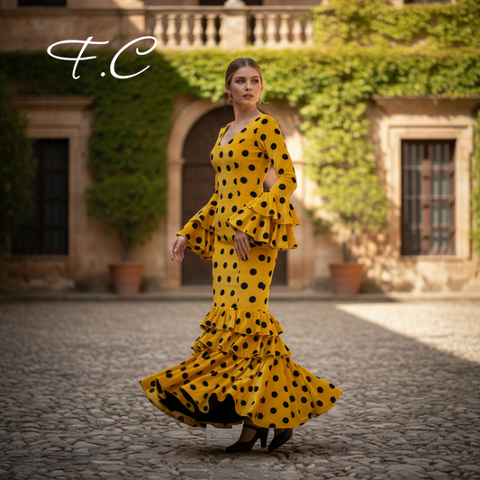 Vestido flamenco mostaza lunar negro