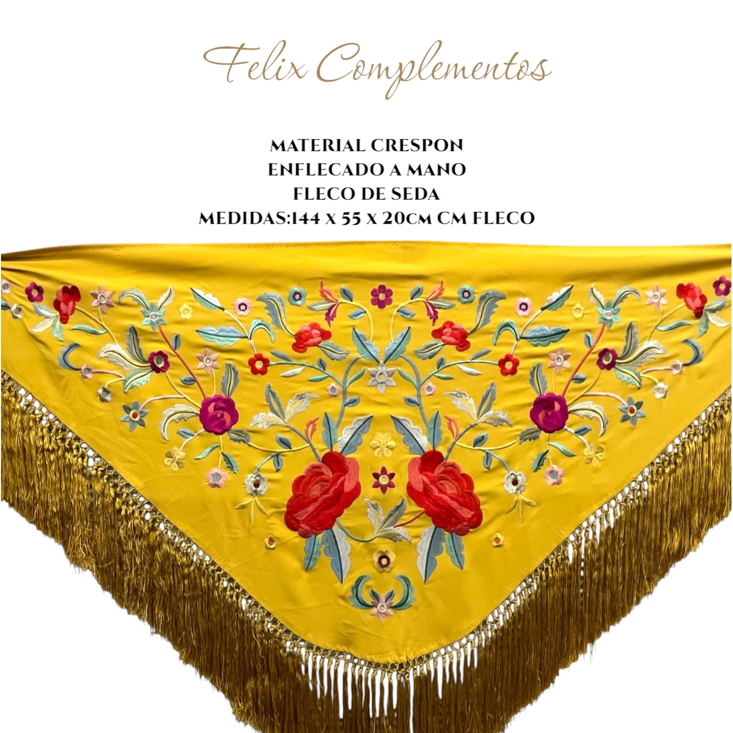 Mustard-colored shawl with large flowers