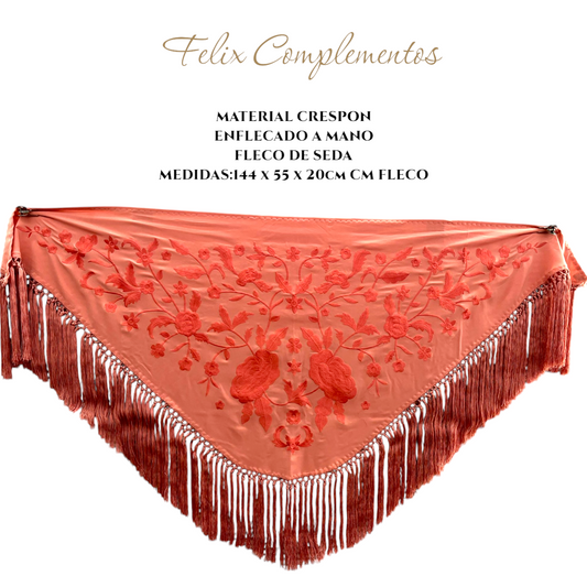 Coral shawl embroidered in intense coral (2 colors)