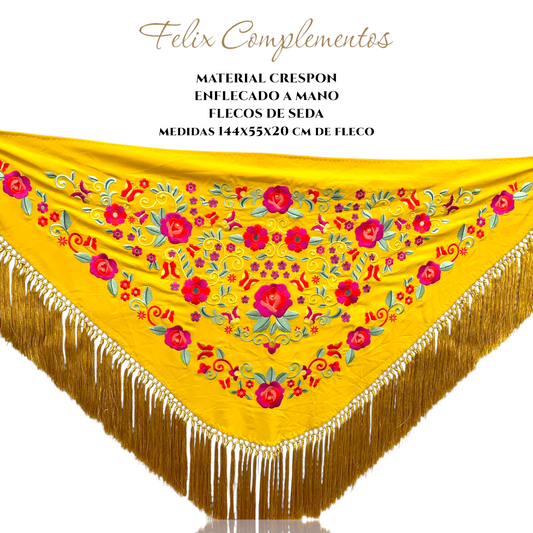 Xale cor mostarda com flores cor crepe