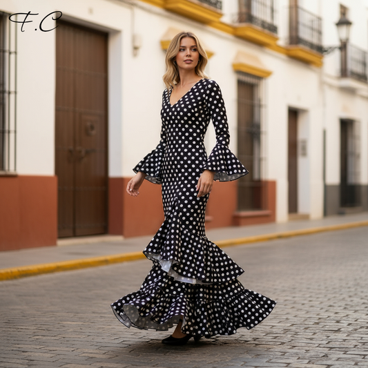 Vestido flamenco negro lunar blanco