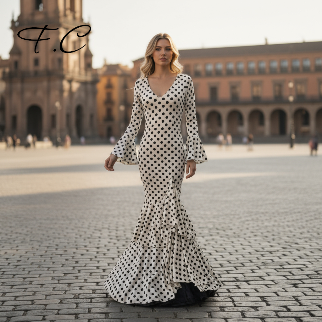 Vestido flamenco blanco lunar negro
