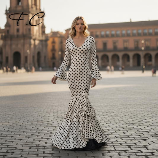 Vestido flamenco blanco lunar negro
