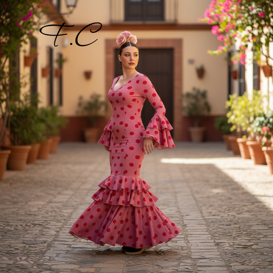 Vestido flamenco rosa lunar rojo