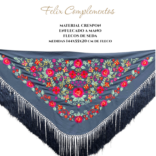 Manton azul gris oscuro con flores de colores