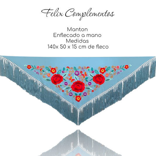 Manton tres Rosas Azul Celeste