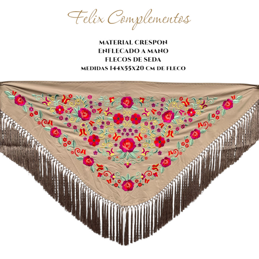 Manton marron grisaceo  con flores de colores crespon