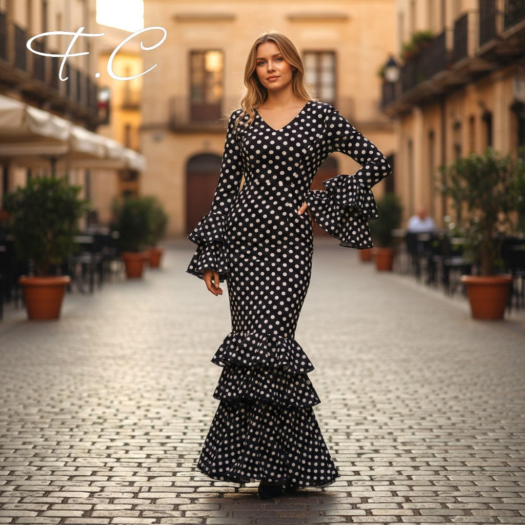 Vestido flamenca negro lunares pequeños (con tallas)