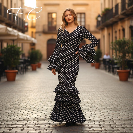 Vestido flamenca negro lunares pequeños (con tallas)