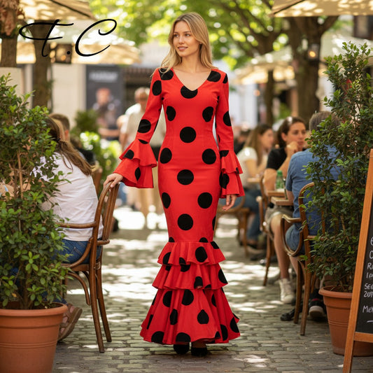 Vestido flamenca rojo lunares grandes (con tallas)