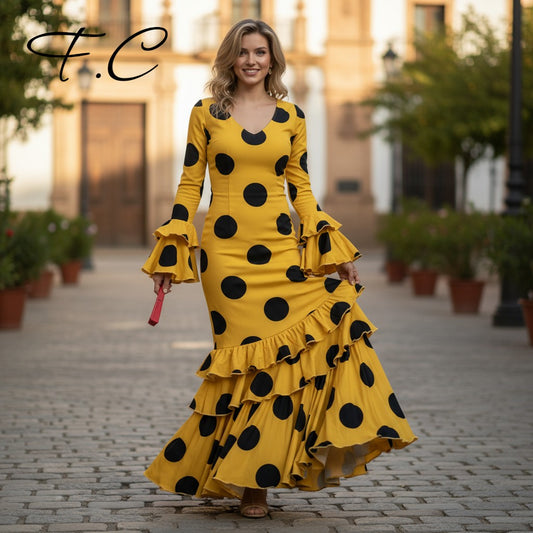 Vestido flamenca amarillo lunares grandes (con tallas)