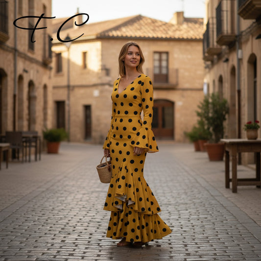 Vestido flamenca amarillo lunares medianos (con tallas)