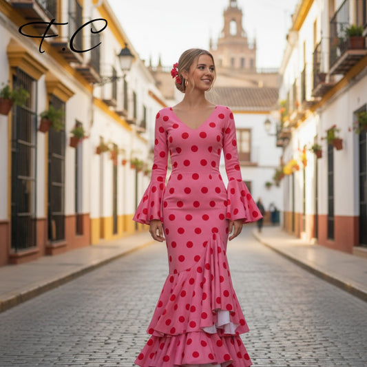 Vestido flamenca rosa lunares medianos (con tallas)