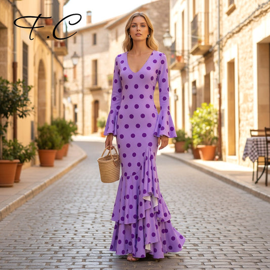 Vestido flamenca lila lunares medianos (con tallas)