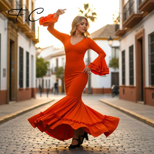 Vestido flamenca liso con pequeños volantitos (con tallas)