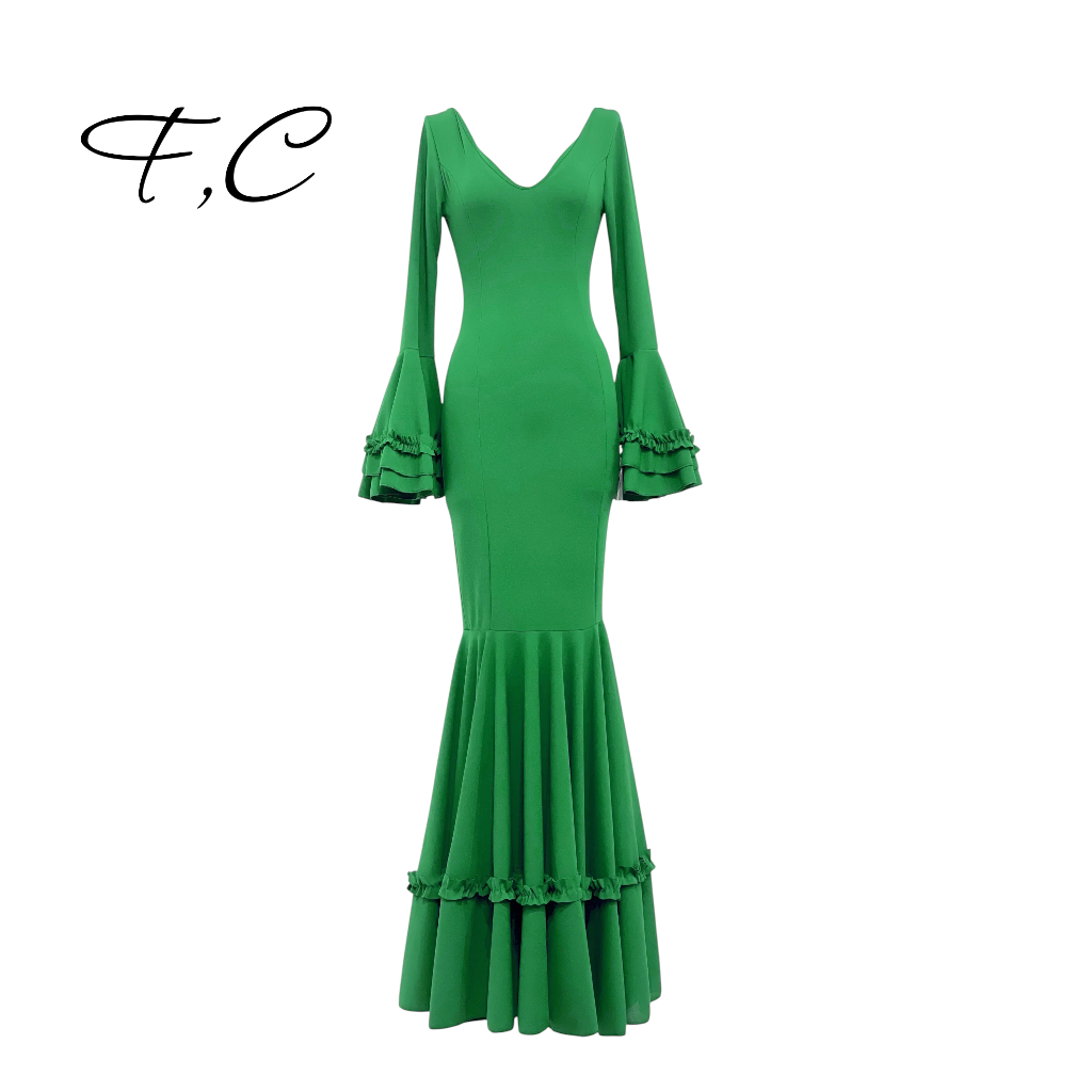 Vestido flamenca liso con pequeños volantitos (con tallas)(verde)