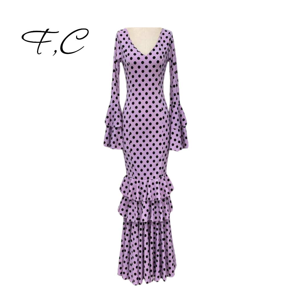 Vestido flamenca lila lunares pequeños (con tallas)