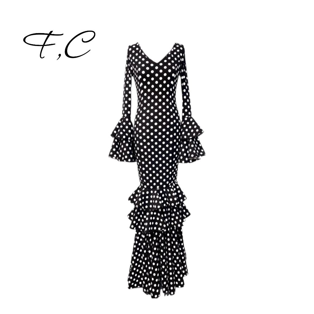 Vestido flamenca negro lunares pequeños (con tallas)