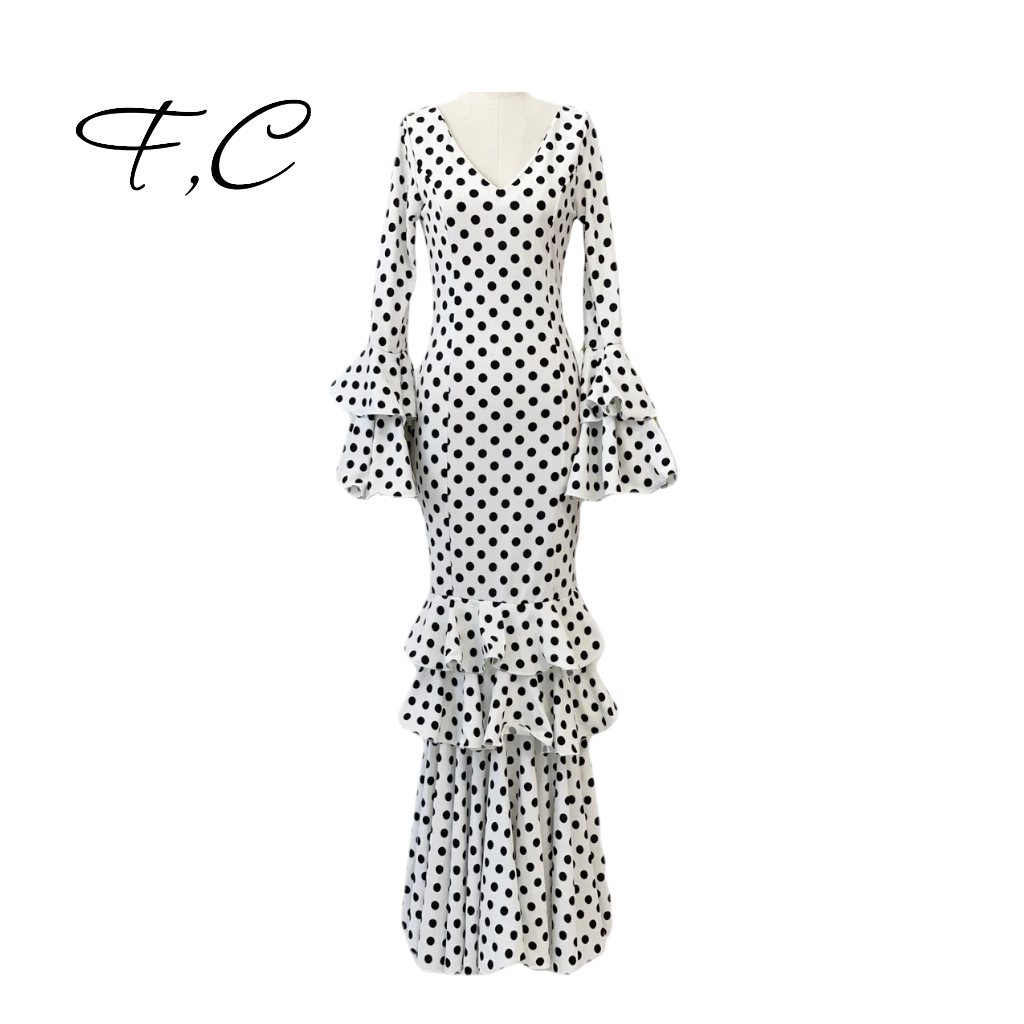Vestido flamenca blanco lunares pequeños (con tallas)