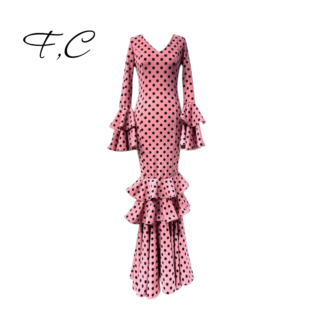 Vestido flamenca rosa lunares pequeños (con tallas)