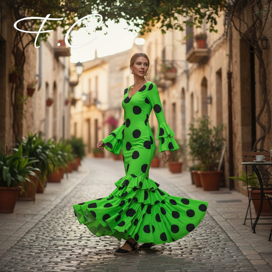 Vestido flamenca verde lunares grandes (con tallas)