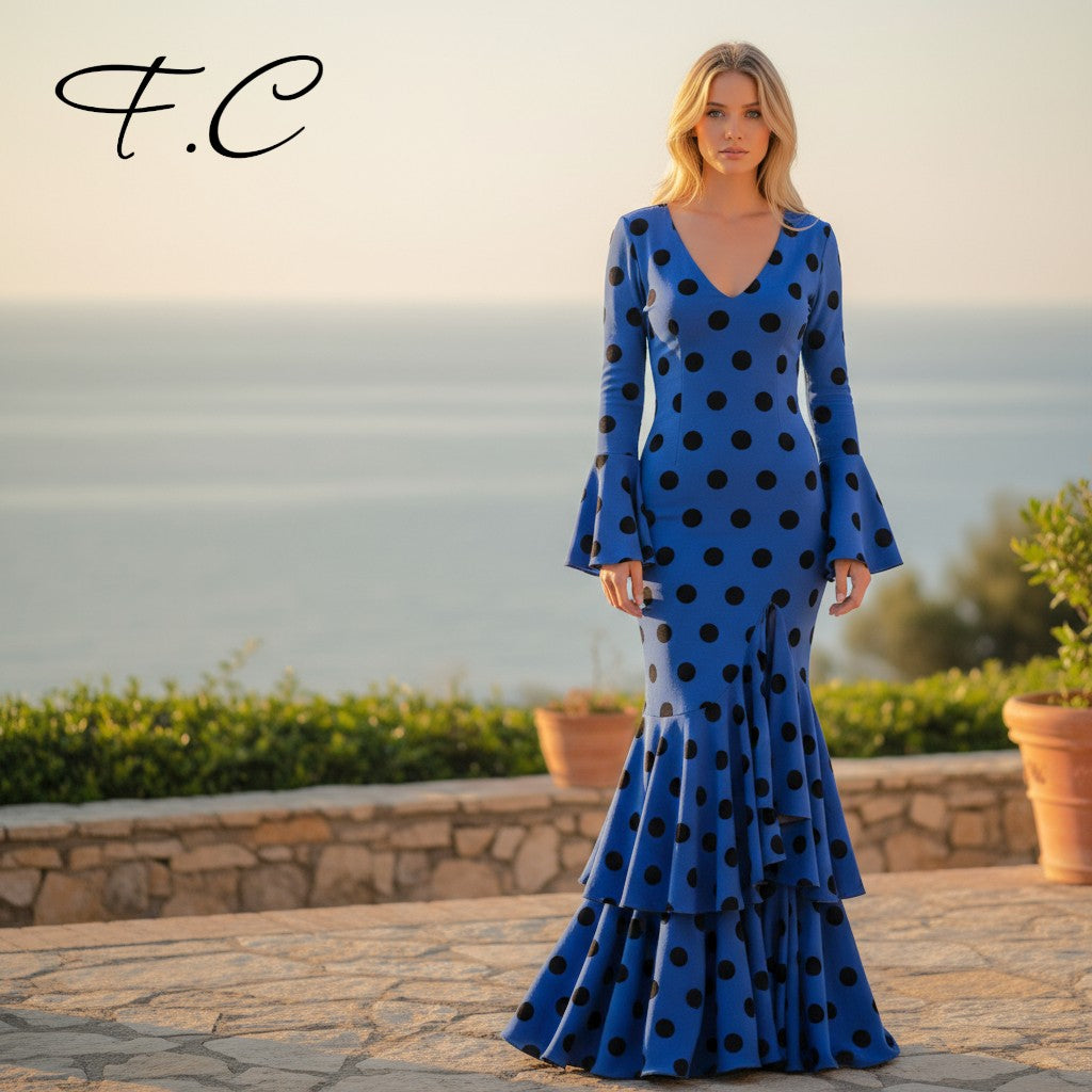 Vestido flamenca azul lunares medianos (con tallas)