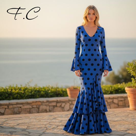 Vestido flamenca azul lunares medianos (con tallas)