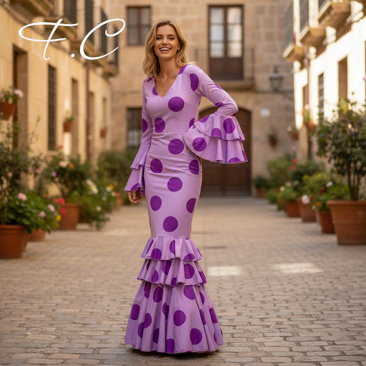 Vestido flamenca lila lunares grandes (con tallas)