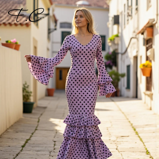 Vestido flamenca lila lunares pequeños (con tallas)