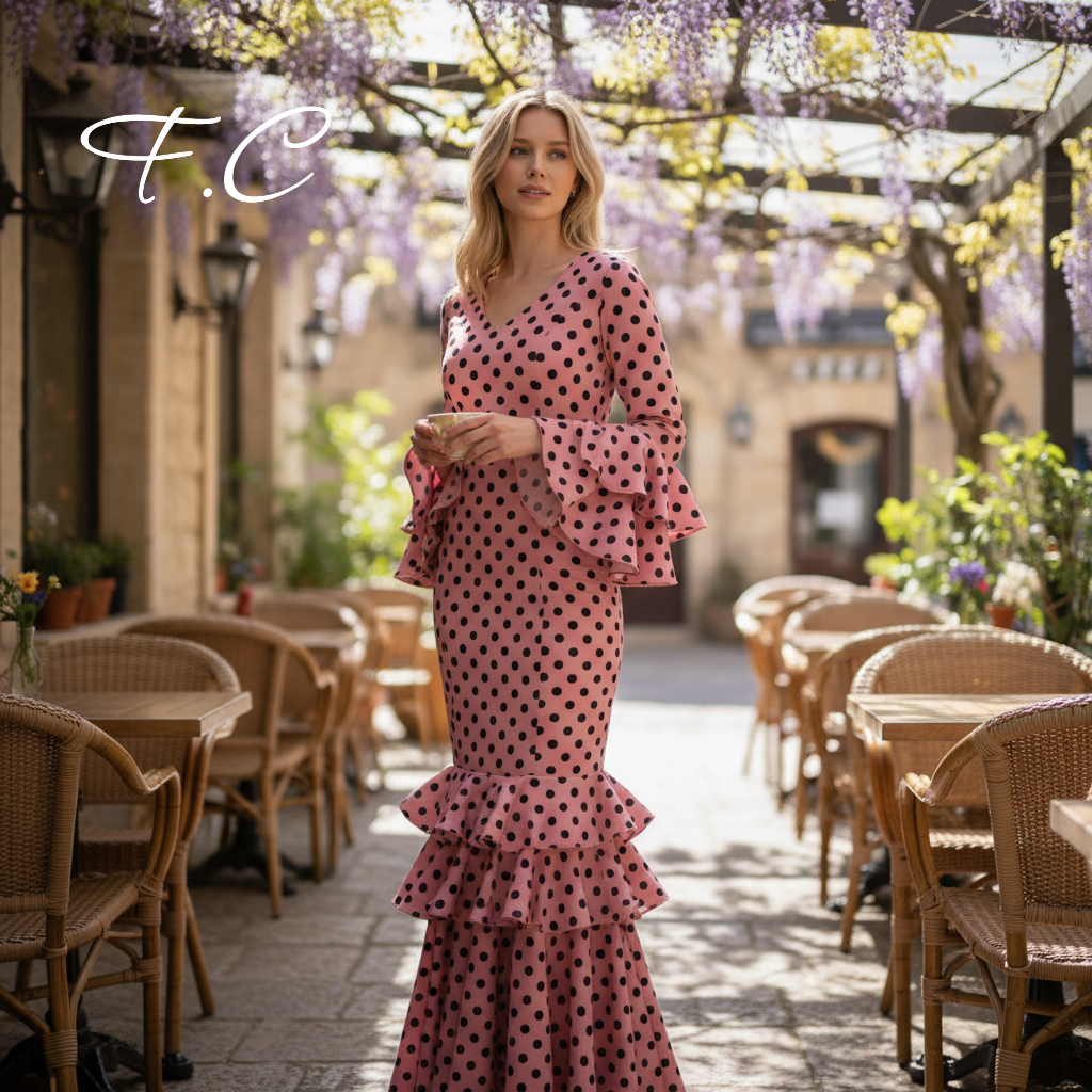 Vestido flamenca rosa lunares pequeños (con tallas)