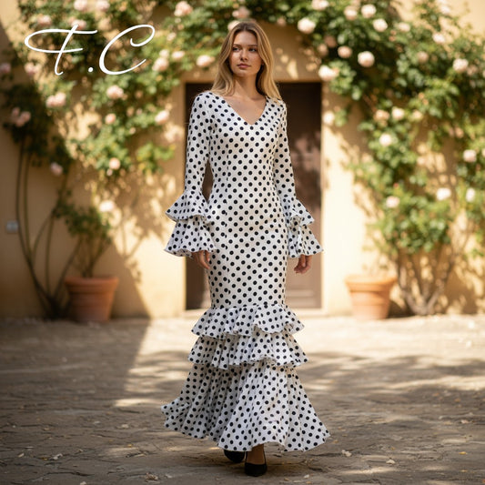 Vestido flamenca blanco lunares pequeños (con tallas)